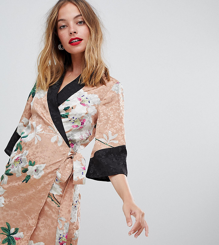 ASOS DESIGN Petite kimono wrap mini dress in floral jacquard print
