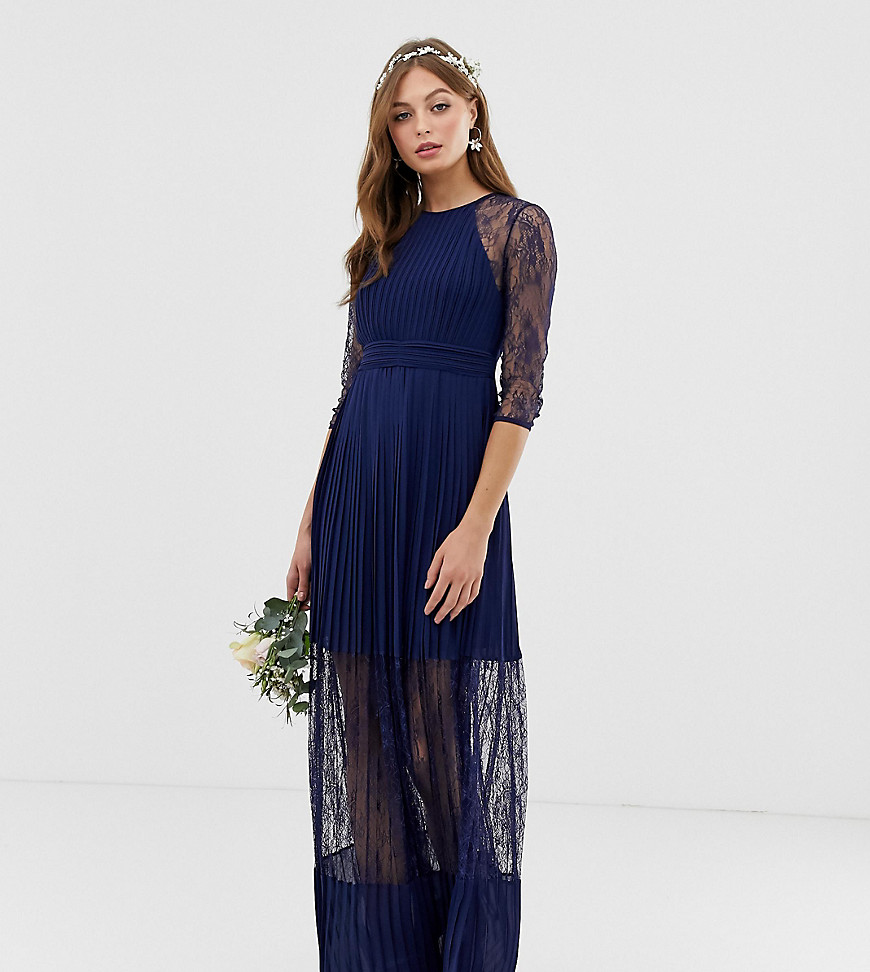 TFNC bridesmaid exclusive pleated maxi dress with lace insert in navy