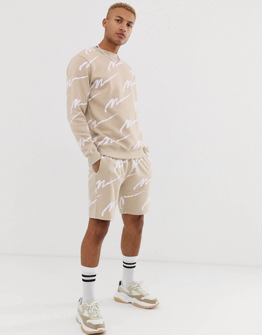 boohooMAN shorts tracksuit with all over man print in stone