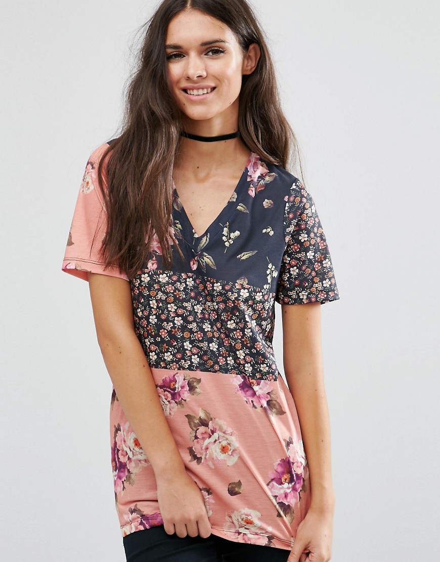 ASOS T-Shirt In Spliced Floral Print - Nude pink