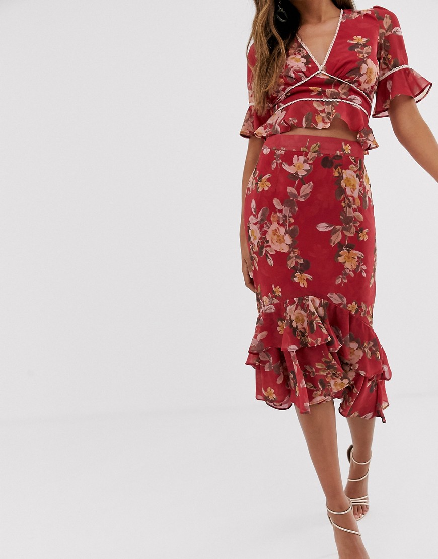 Hope & Ivy contrast print ruffle midi skirt in red floral