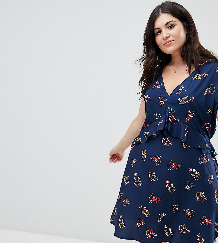 Influence Plus Frill Detail Tea Dress With Puff Sleeve In Floral Print - Navy