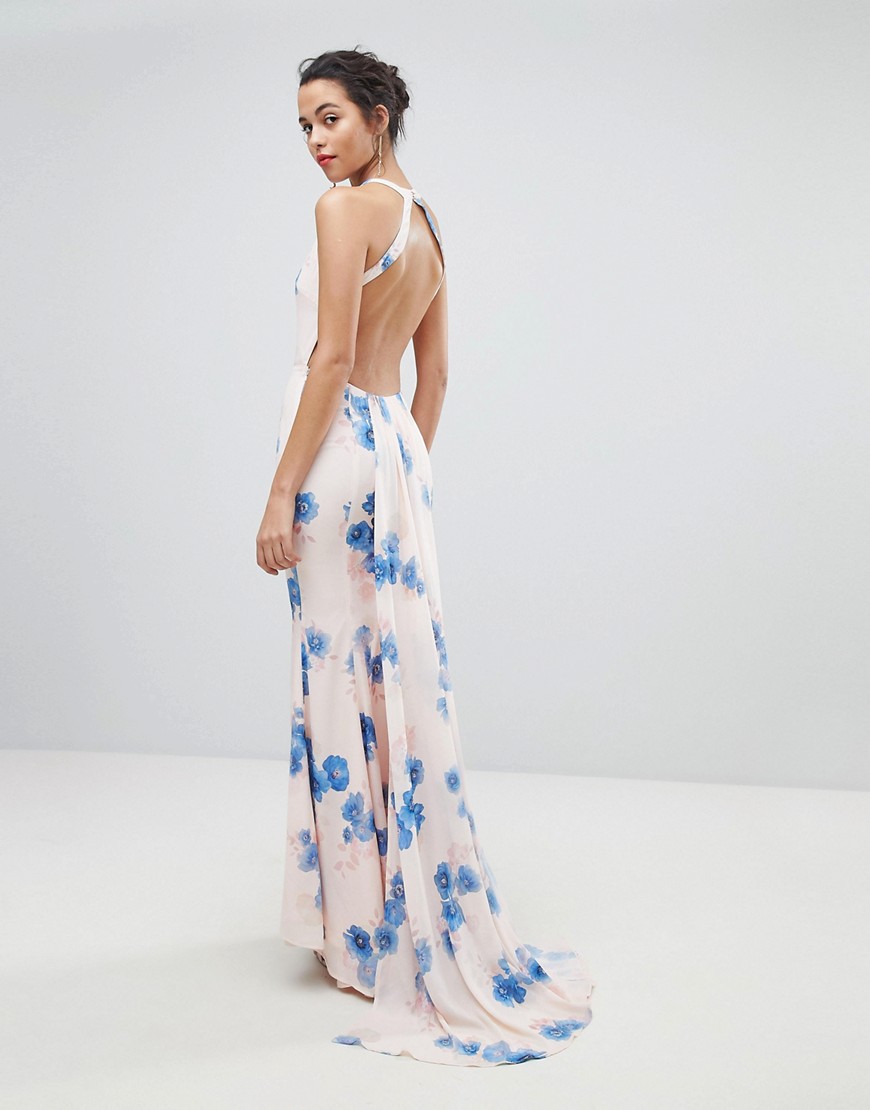 Jarlo Open Back Maxi Dress With Train Detail In Summer Floral Print - Multi