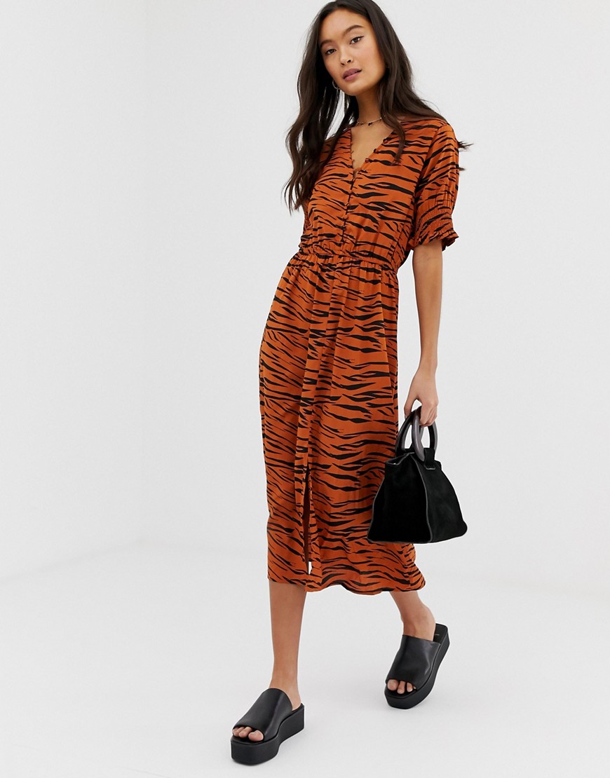 Influence shirred sleeve midi dress with button down front in tiger print