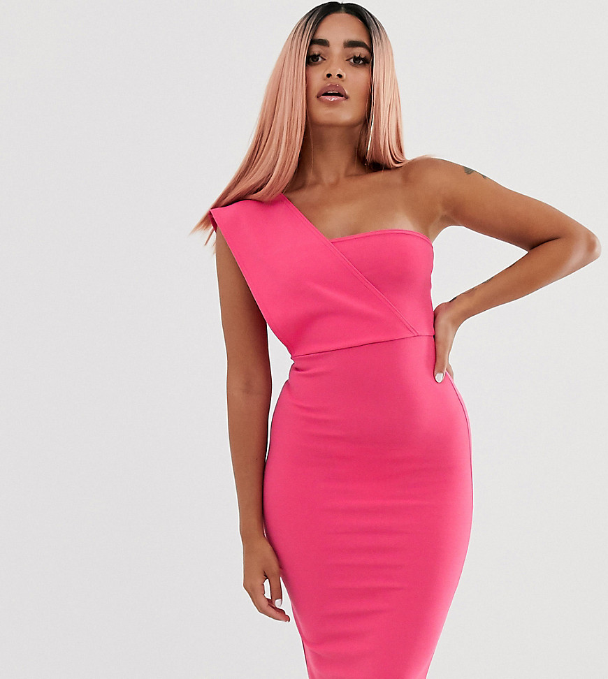 PrettyLittleThing Petite bodycon midi dress with one shoulder in pink
