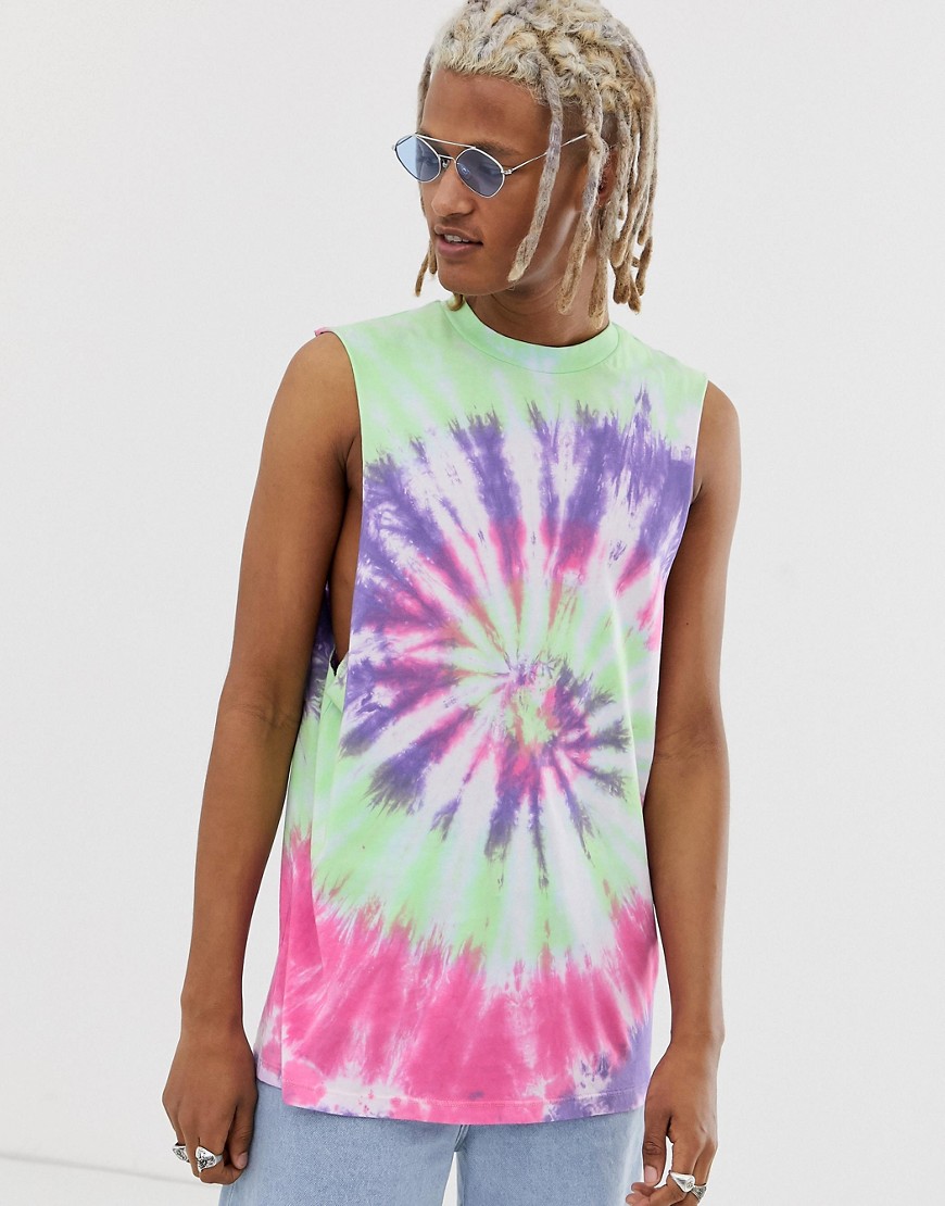 ASOS DESIGN relaxed sleeveless t-shirt with dropped armhole with neon tie dye wash