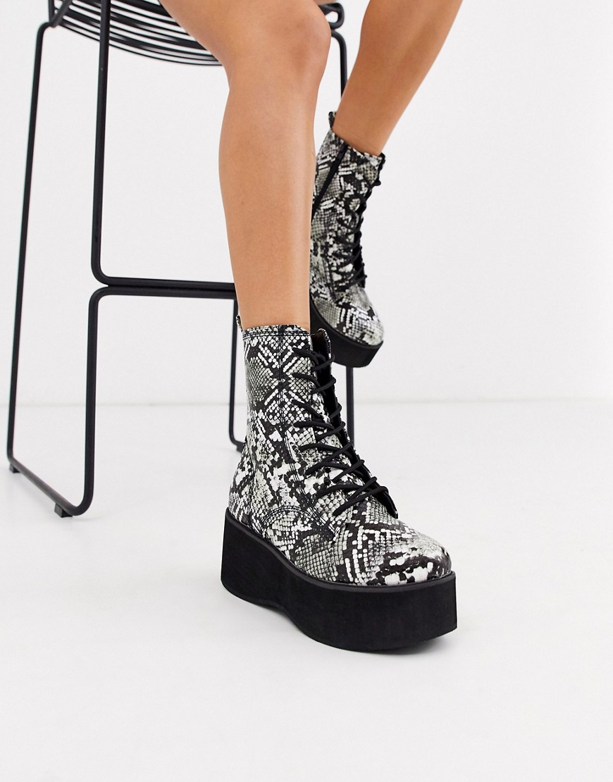 Truffle Collection chunky lace up ankle boot in snake
