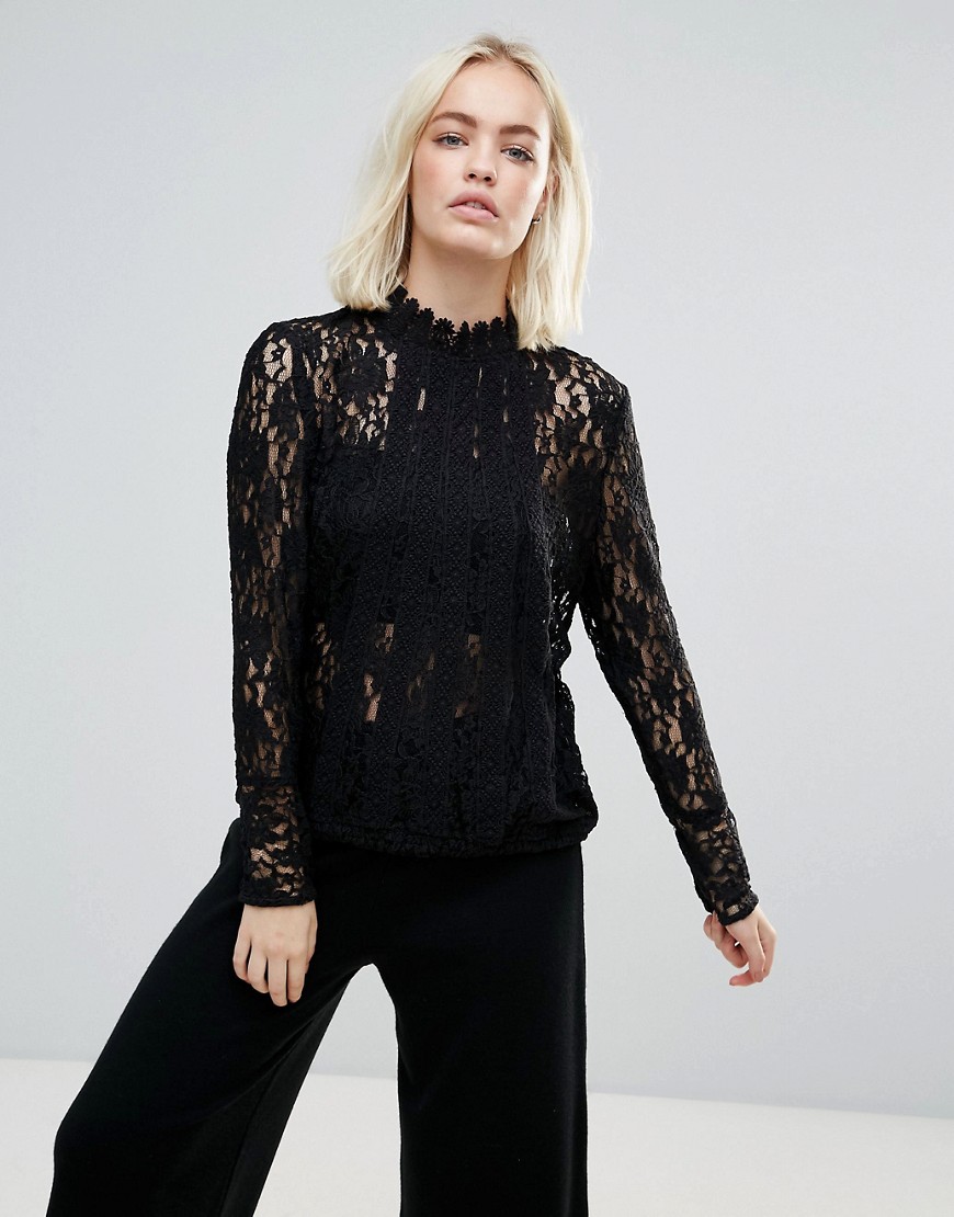 b.Young High Neck Lace Blouse - Black
