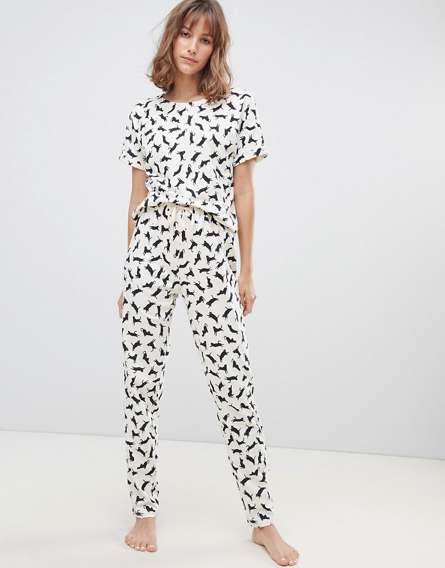 People Tree Organic Cotton Pyjama Set With Cat Print - Black and cream