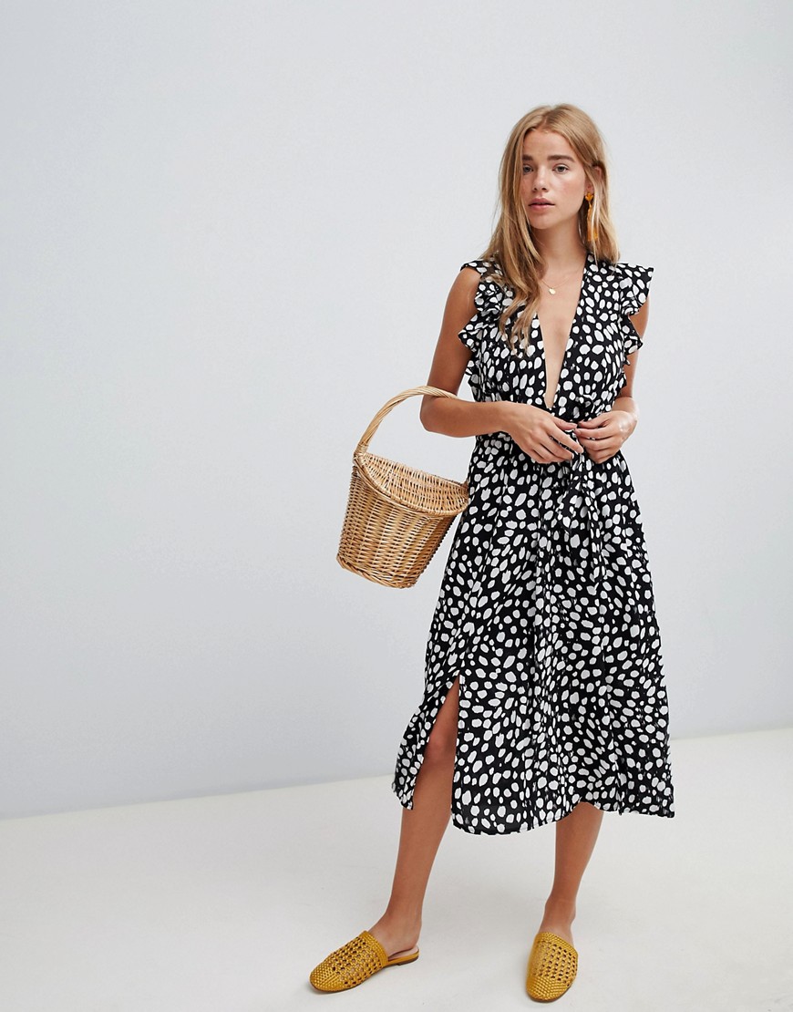 Glamorous sleeveless midi dress with flutter sleeves in smudge spot print