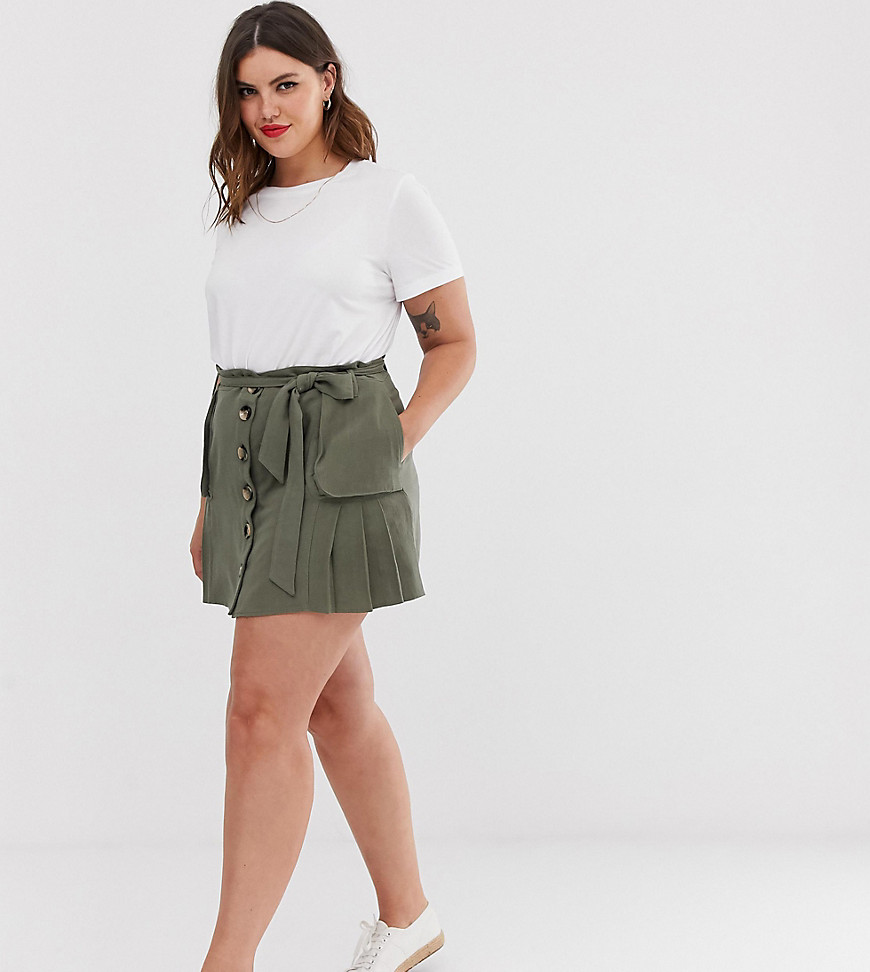 ASOS DESIGN Curve linen pleat mini skirt with button front and pockets