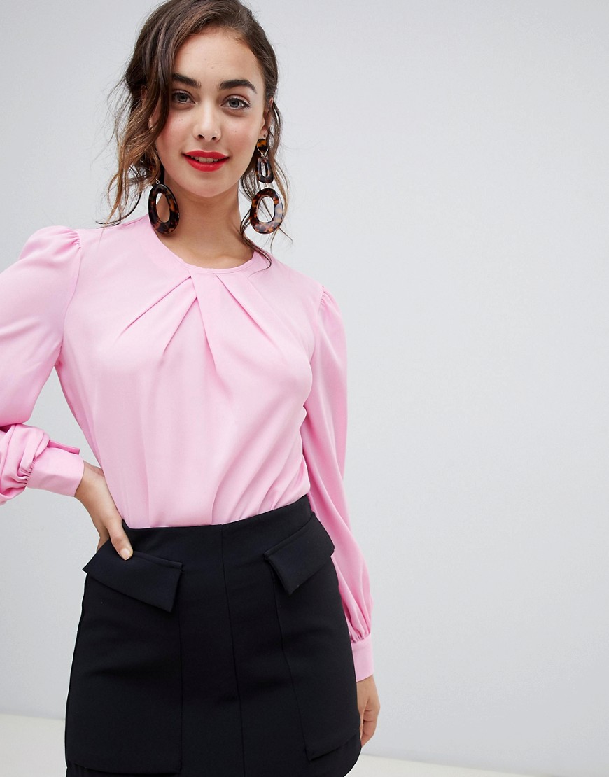 Warehouse pleat neck long sleeve top in pink