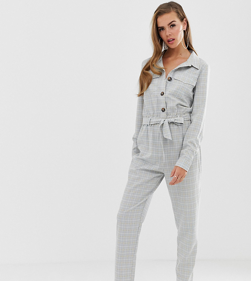 PrettyLittleThing belted jumpsuit in grey check