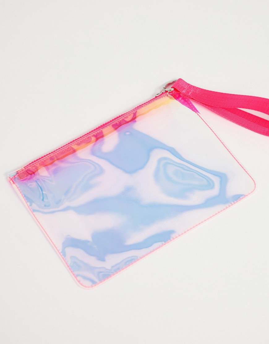 ASOS DESIGN holographic clutch bag with neon grab handle