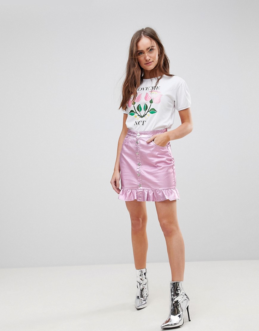 Chorus Pink Foiled Denim Skirt with Frill Hem