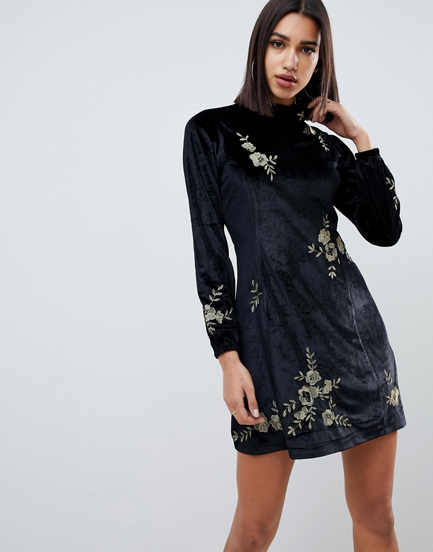 Asos Design Embroidered Velvet High Neck Swing Dress-black