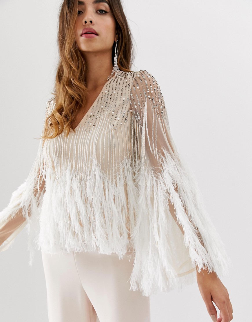 ASOS DESIGN long sleeve embellished top with faux feather trim