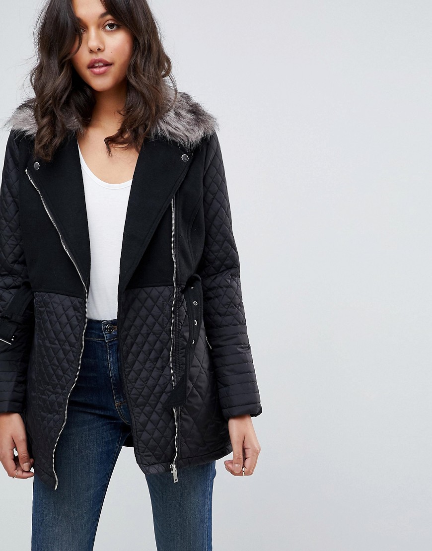 Urban Bliss Belted Coat With Faux Fur Collar - Black