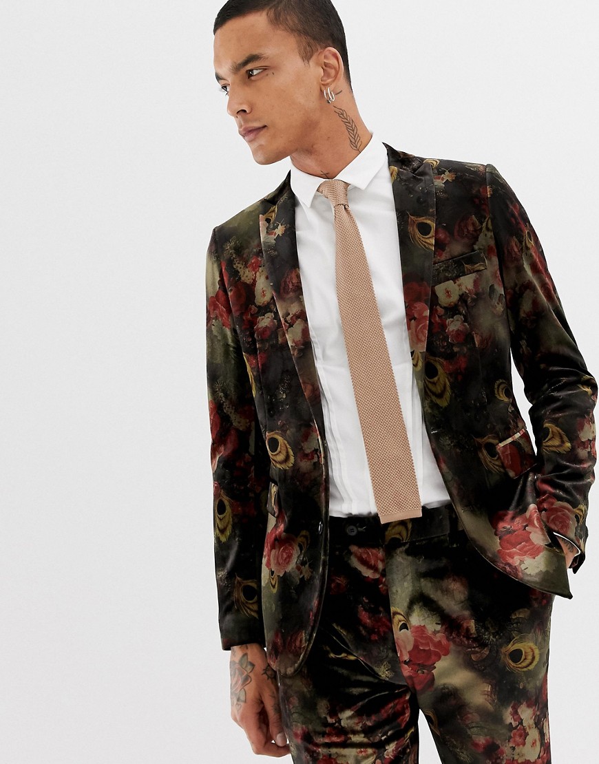 Devils Advocate Slim Fit Floral Velvet Suit Jacket