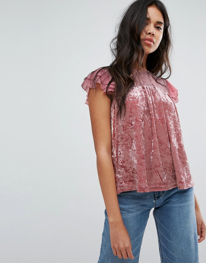 Hazel Crushed Velvet Top with Lace Yolk - Dusty pink