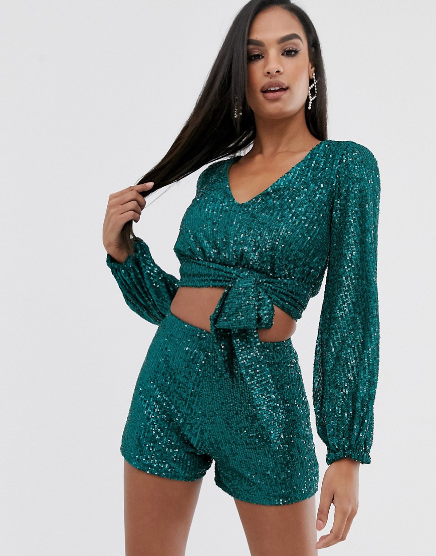 Club L London sequin wrap front top with tie detail co-ord in green