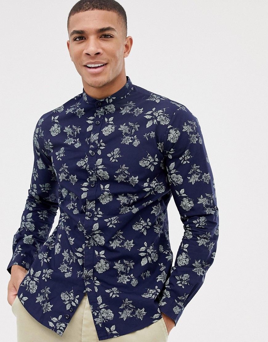 Celio long sleeve smart slim fit shirt with rose print in navy