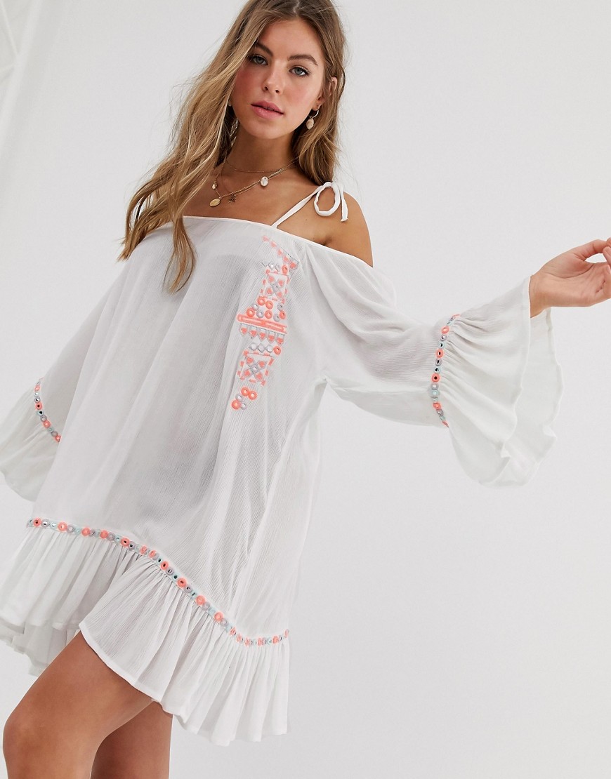 South Beach crinkle cold shoulder beach dress with mirror neon embroidery