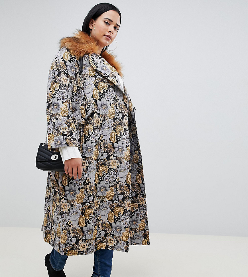 ASOS DESIGN Curve tapestry coat with faux fur collar