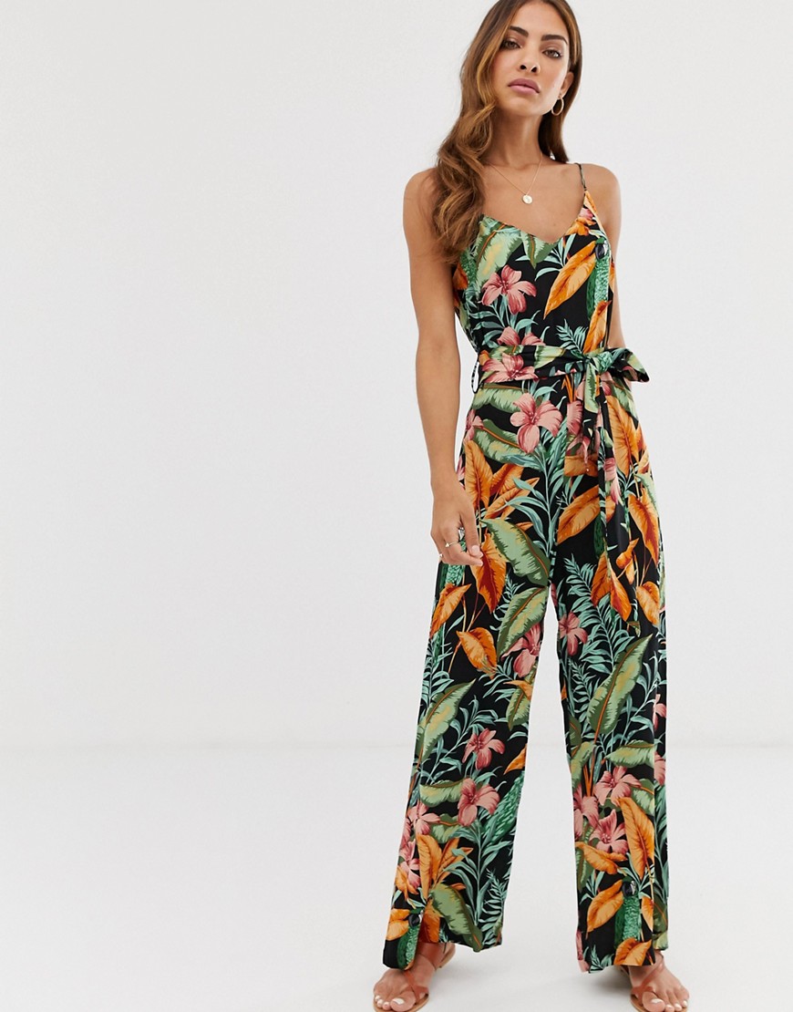 Warehouse cami jumpsuit with belt in tropical print