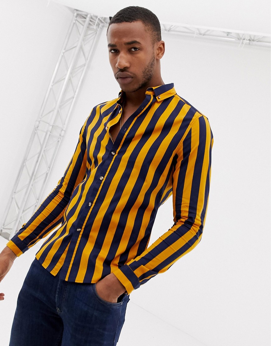 ASOS DESIGN skinny fit stripe shirt in navy & mustard