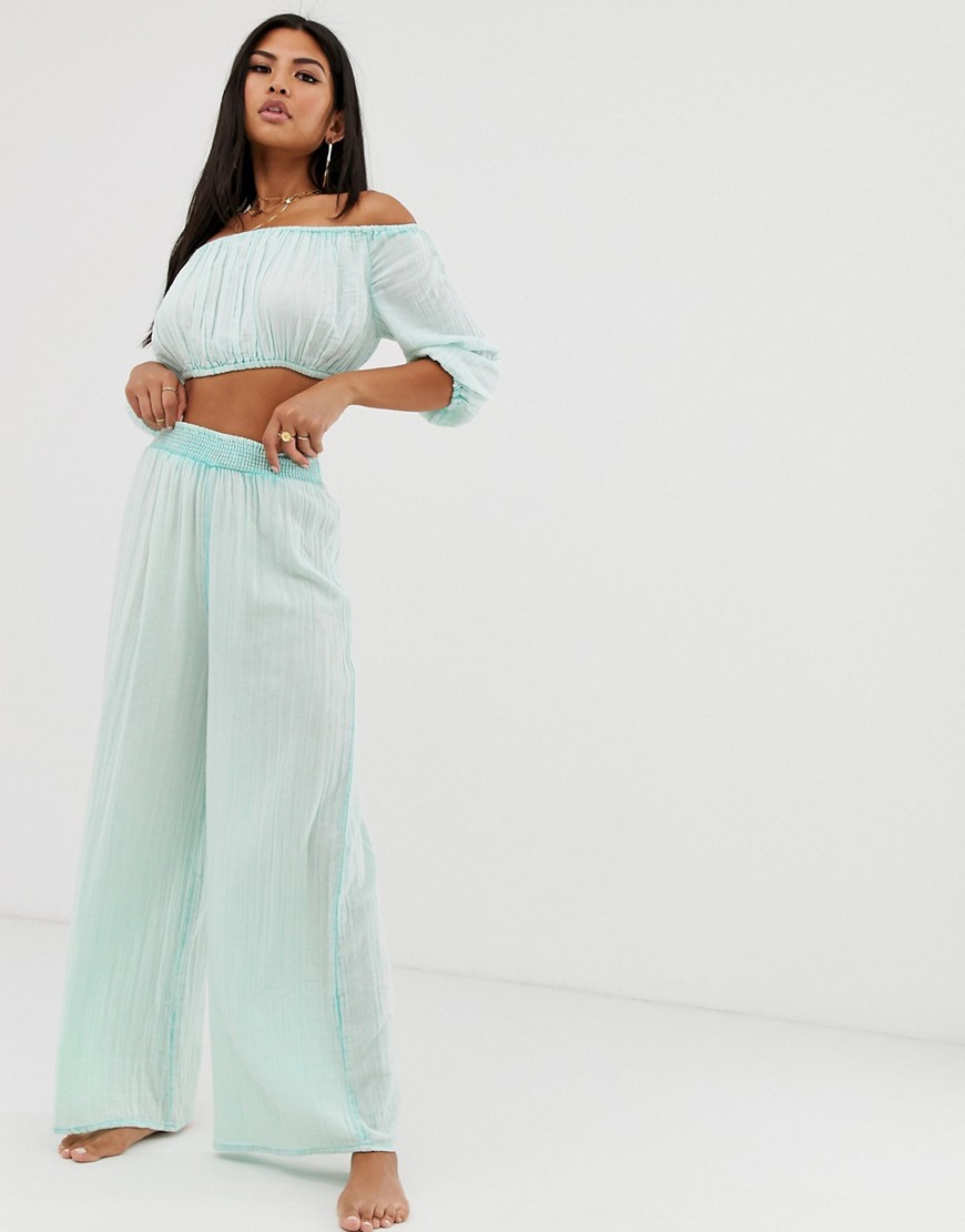 ASOS DESIGN wide leg beach trousers in mint crinkle co-ord