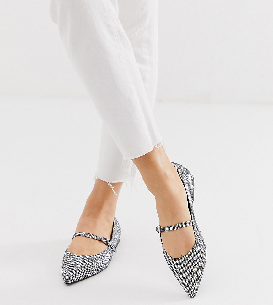 Asos Design Wide Fit Lucas Mary Jane Ballet Flats In Silver-multi