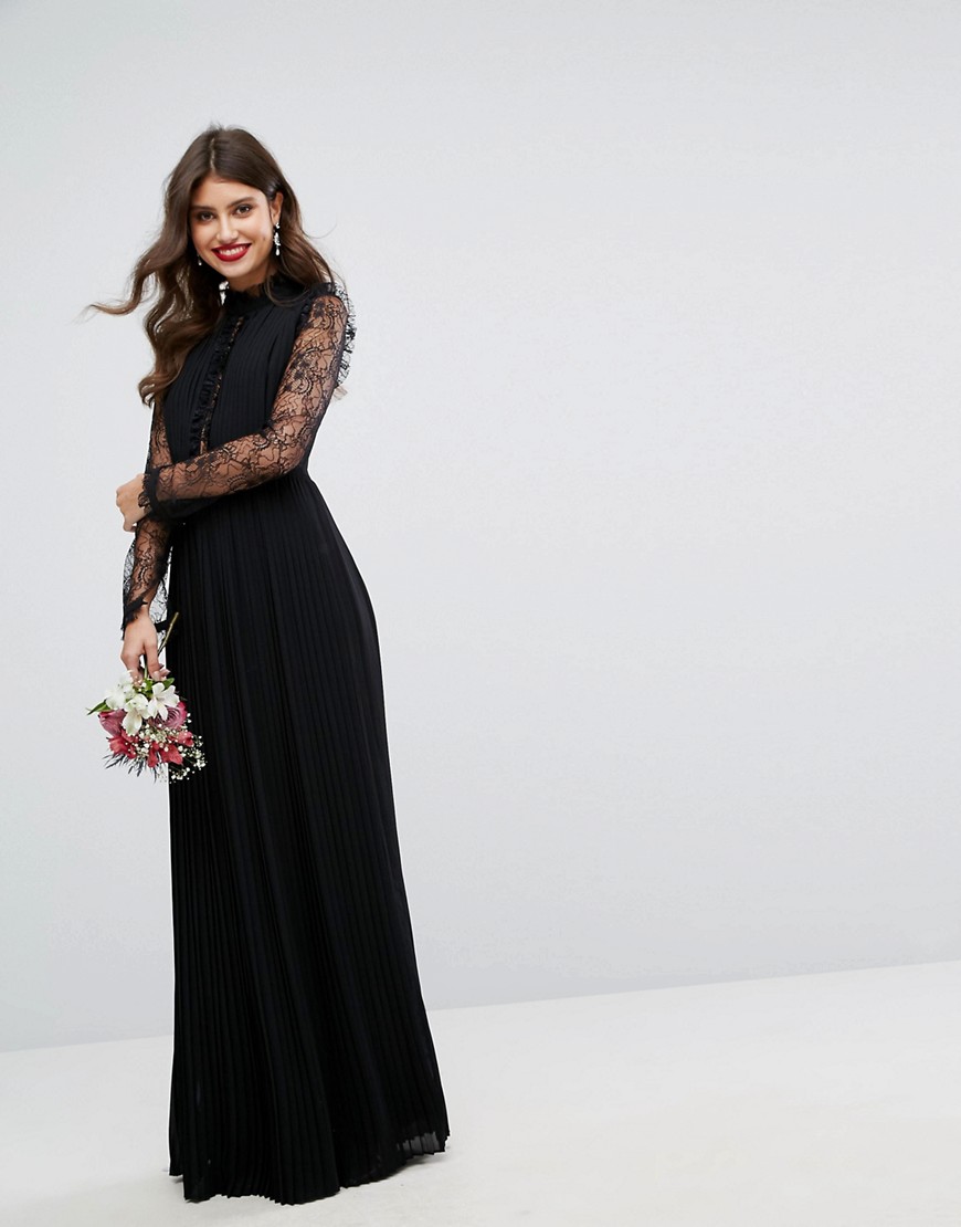 TFNC WEDDING Pleated High Neck Lace Sleeve Maxi Dress - Black