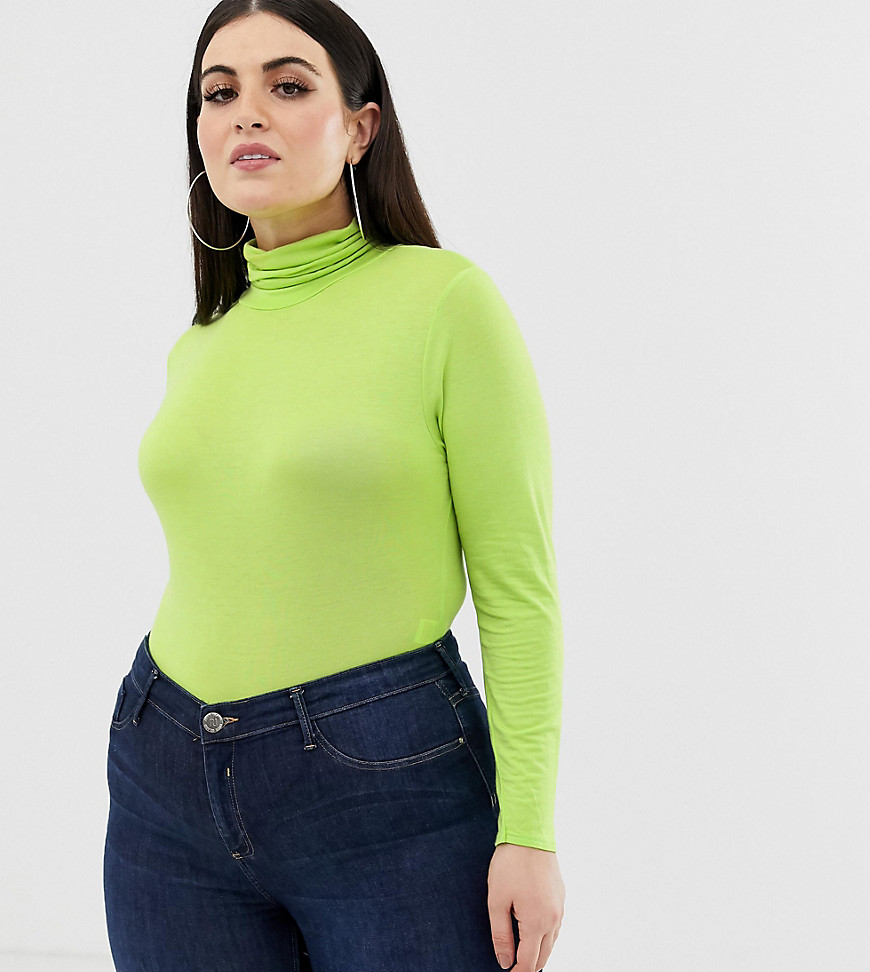 PrettyLittleThing Plus exclusive plus roll neck long sleeve body in neon green