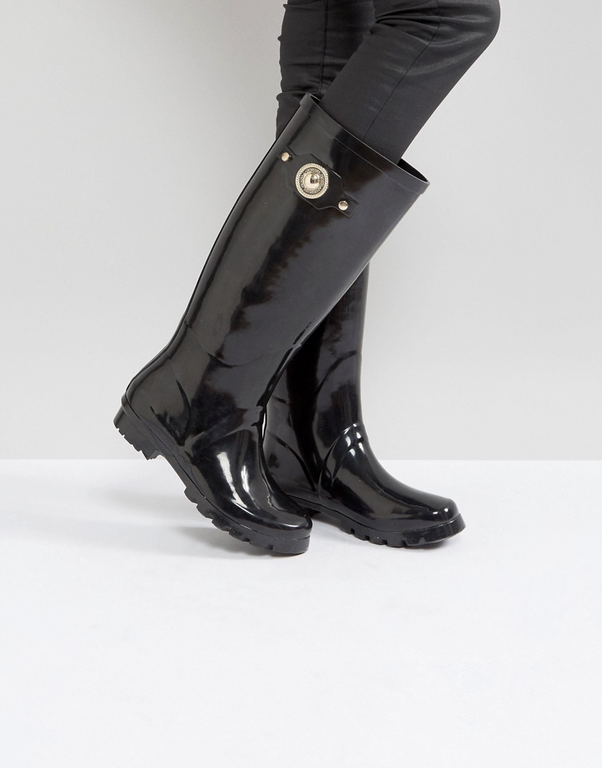 Versace Jeans Patent Welly Boot With Gold Button Detail - Black