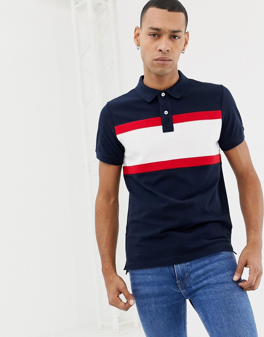 Tommy Hilfiger icon stripe chest insert pique polo slim fit in navy/multi
