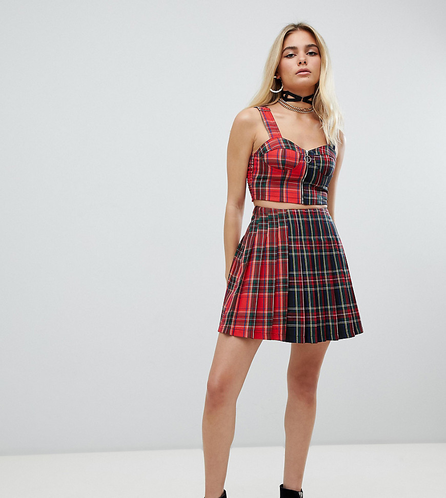 One Above Another pleated mini skirt in mixed tartan check co-ord - Red tartan