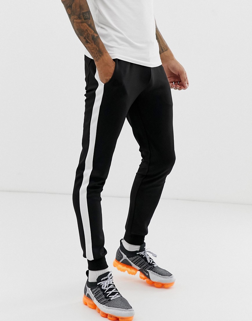 ASOS DESIGN super skinny joggers in poly tricot with side stripe in black