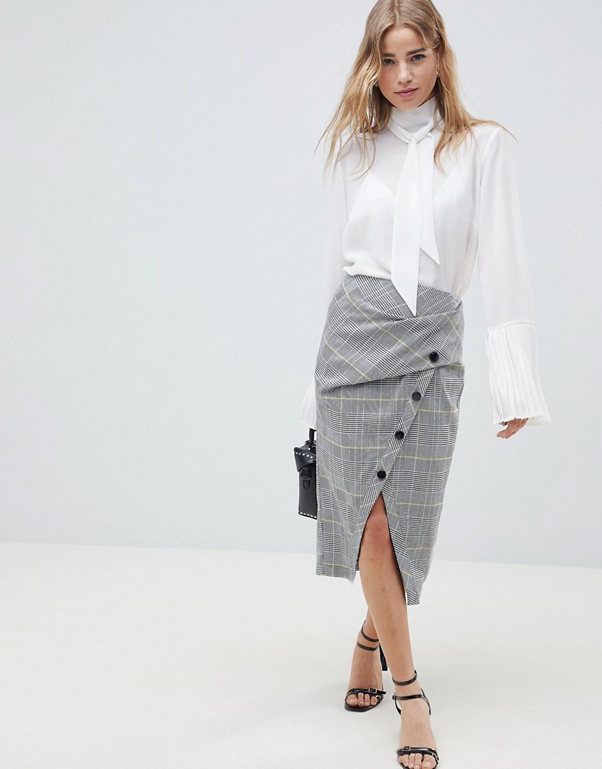 ASOS DESIGN wrap pencil skirt in check with buttons - Multi