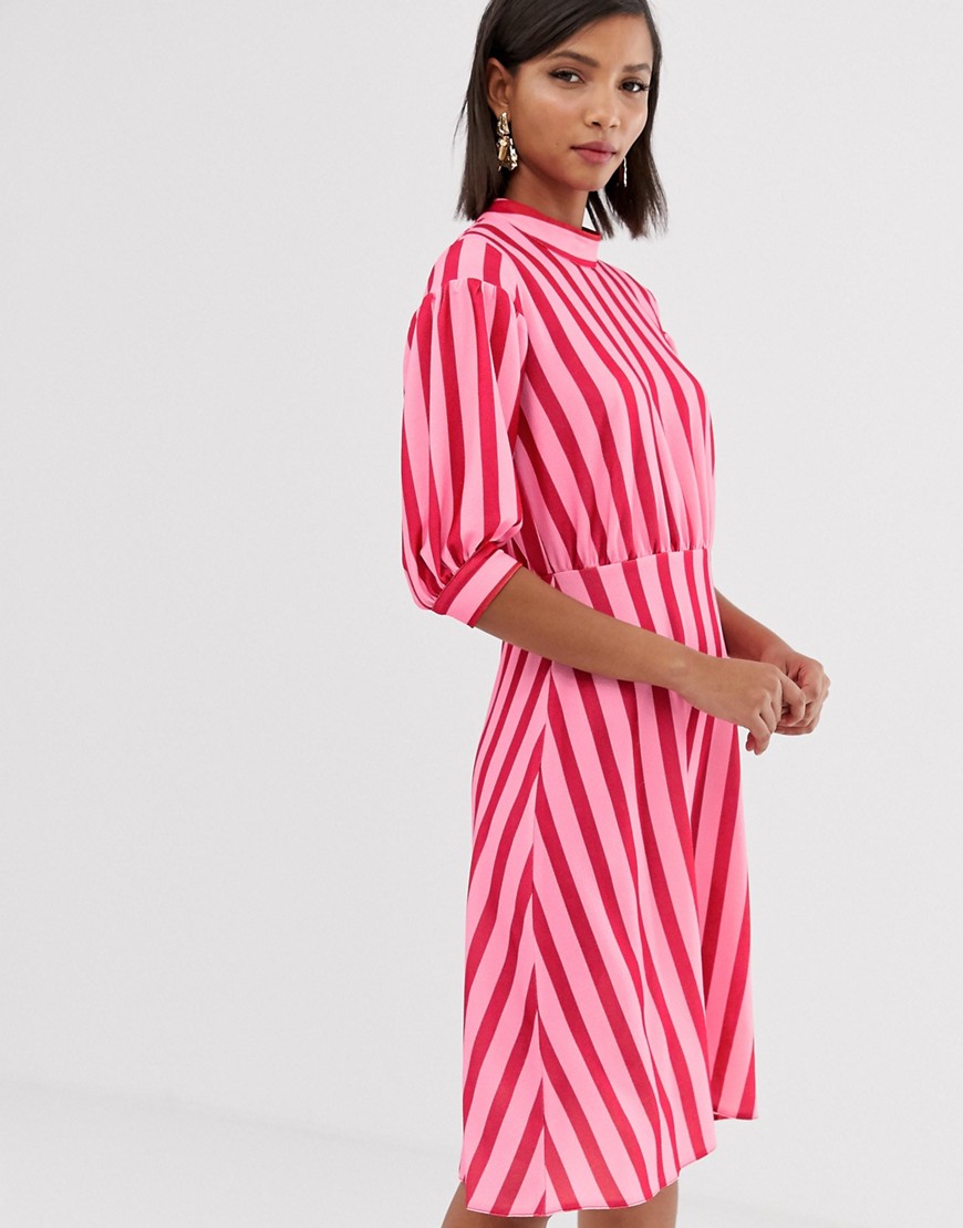 Closet London high neck midaxi skater dress in contrast candy stripe