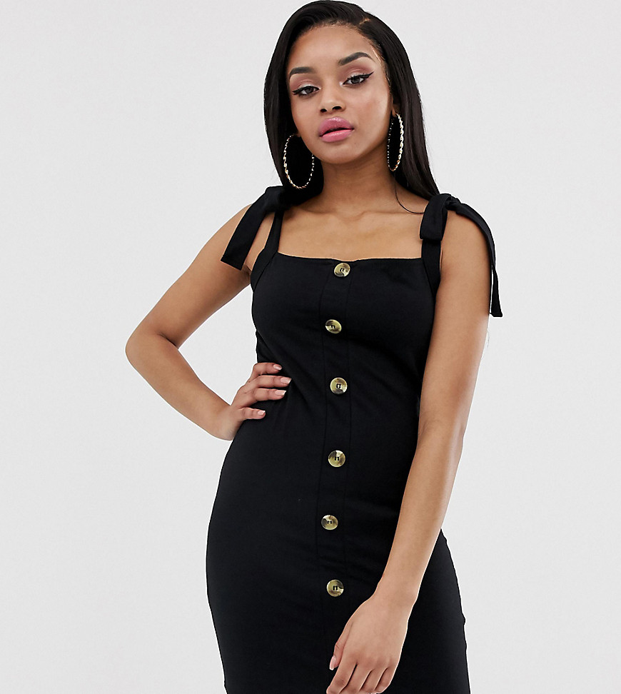 PrettyLittleThing Petite bodycon dress with tie cami sleeves in black