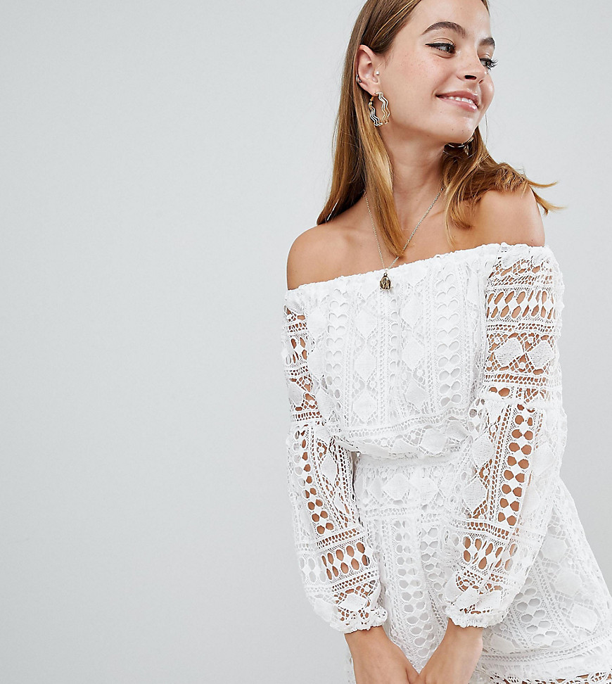 Parisian Petite Off Shoulder Crochet Playsuit - White