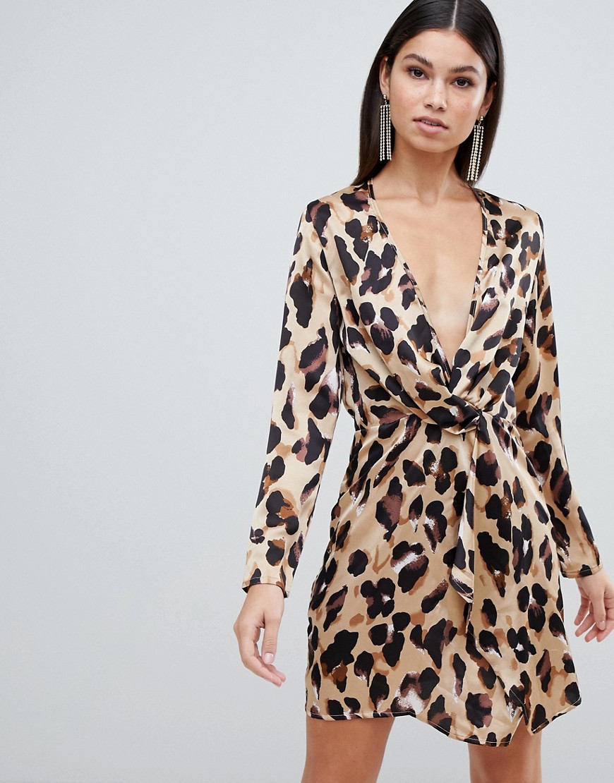 Club L long sleeve twist front leopard print dress