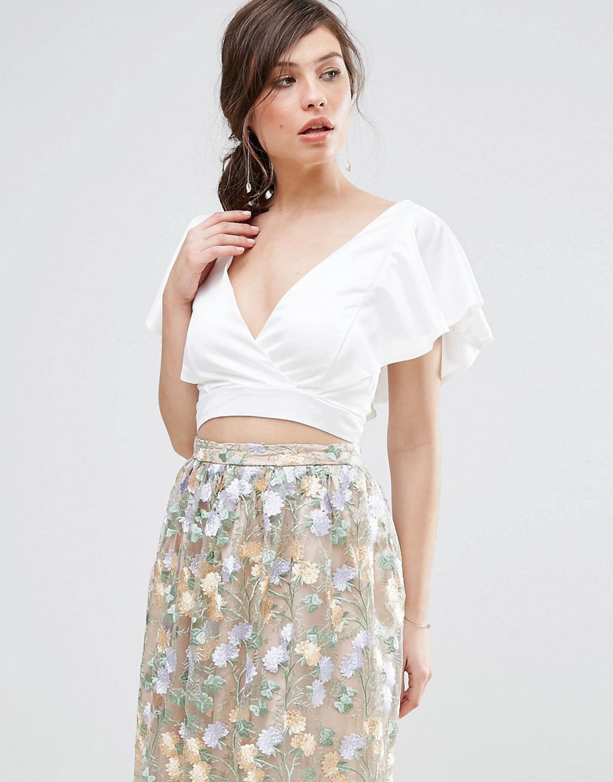 True Violet Crop Top With Structured Ruffle Detail - Ivory