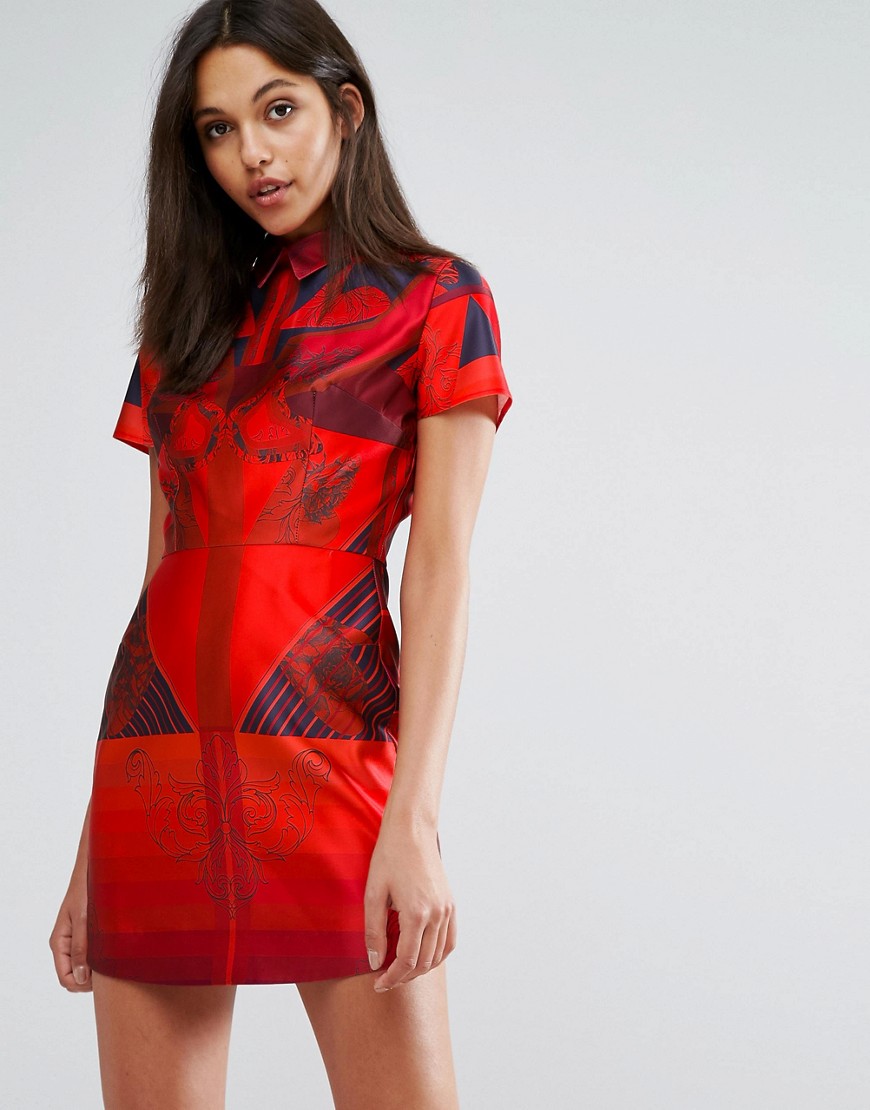 Skeena S Structured Mini Dress with Mandarin Collar and Cap Sleeve - Multi red