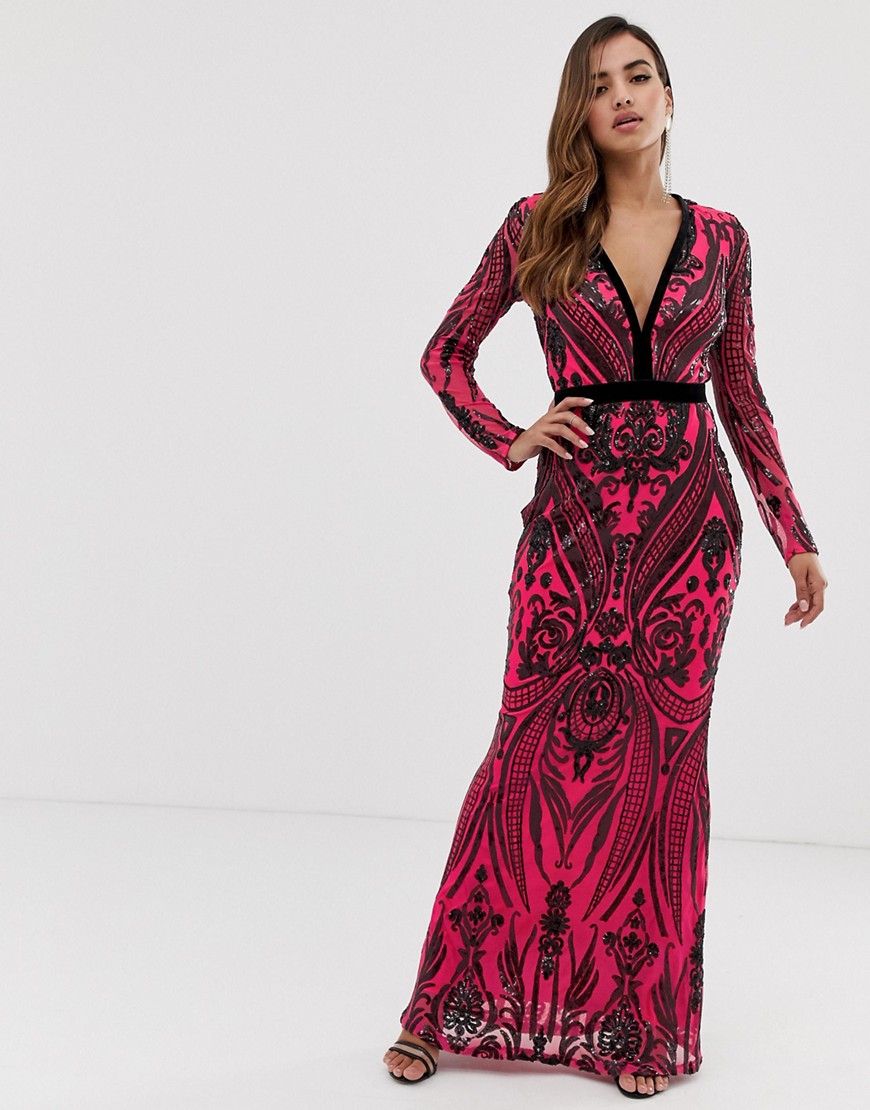 Goddiva sequin embellished plunge maxi dress in black and pink