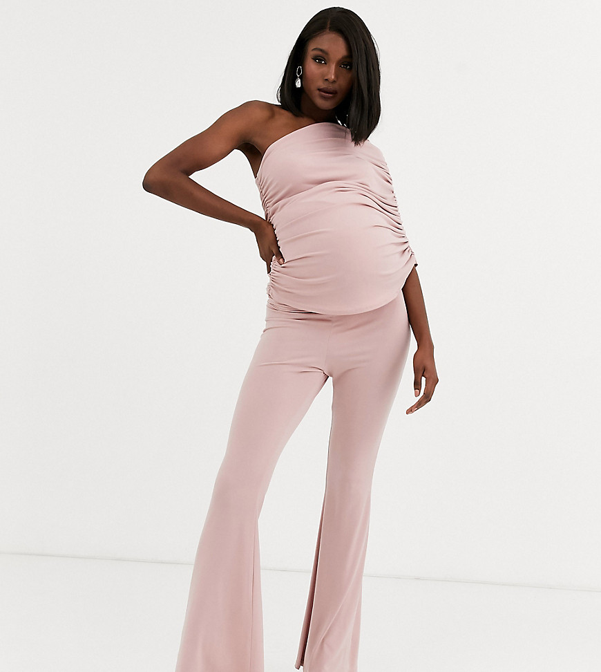 Queen Bee Maternity one shoulder ruched jumpsuit in pink