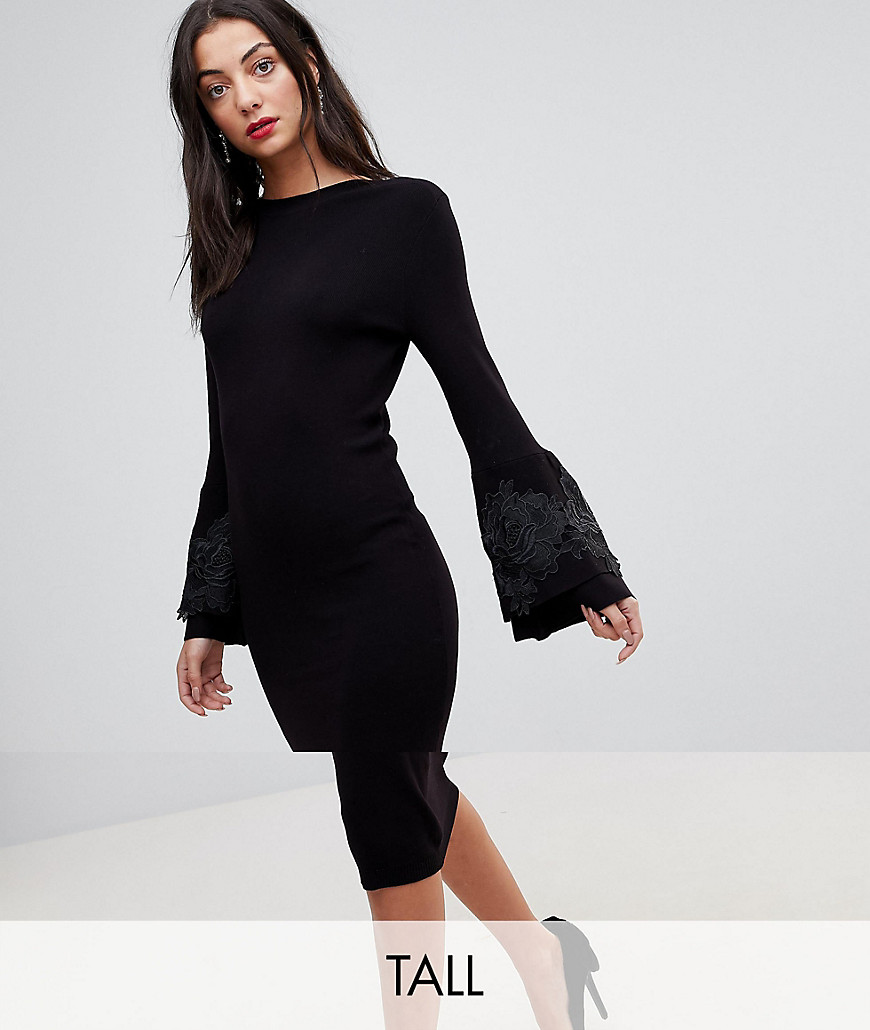 Y.A.S Tall Knitted Bodycon Midi Dress With Lace Applique Bell Sleeves - Black