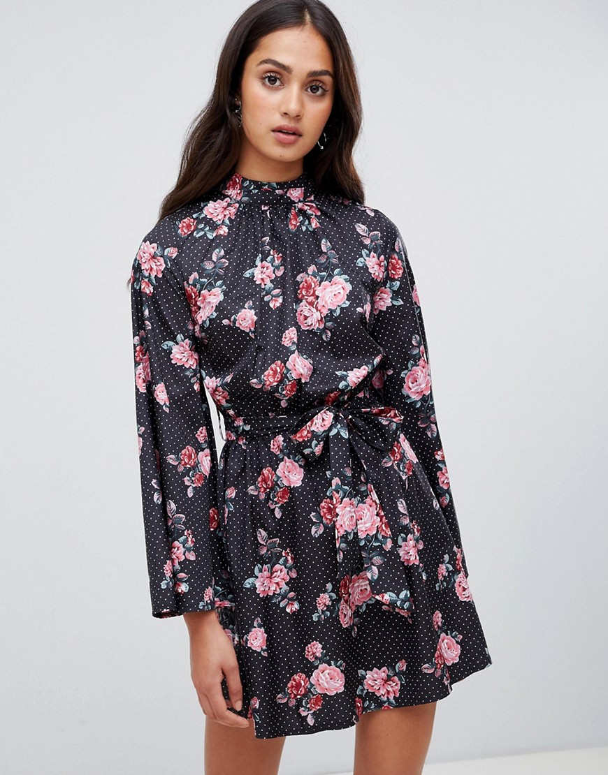 Parisian high neck floral and polka dot dress with tie waist