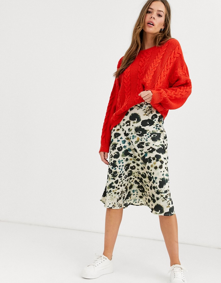 Influence satin midi skirt in abstract leopard print